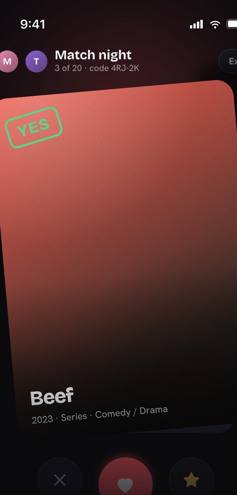 Match Night in progress: a swipeable card for the series Beef stamped 'Yes',
                    with two participants and a join code at the top, and no / like / shortlist
                    buttons underneath.